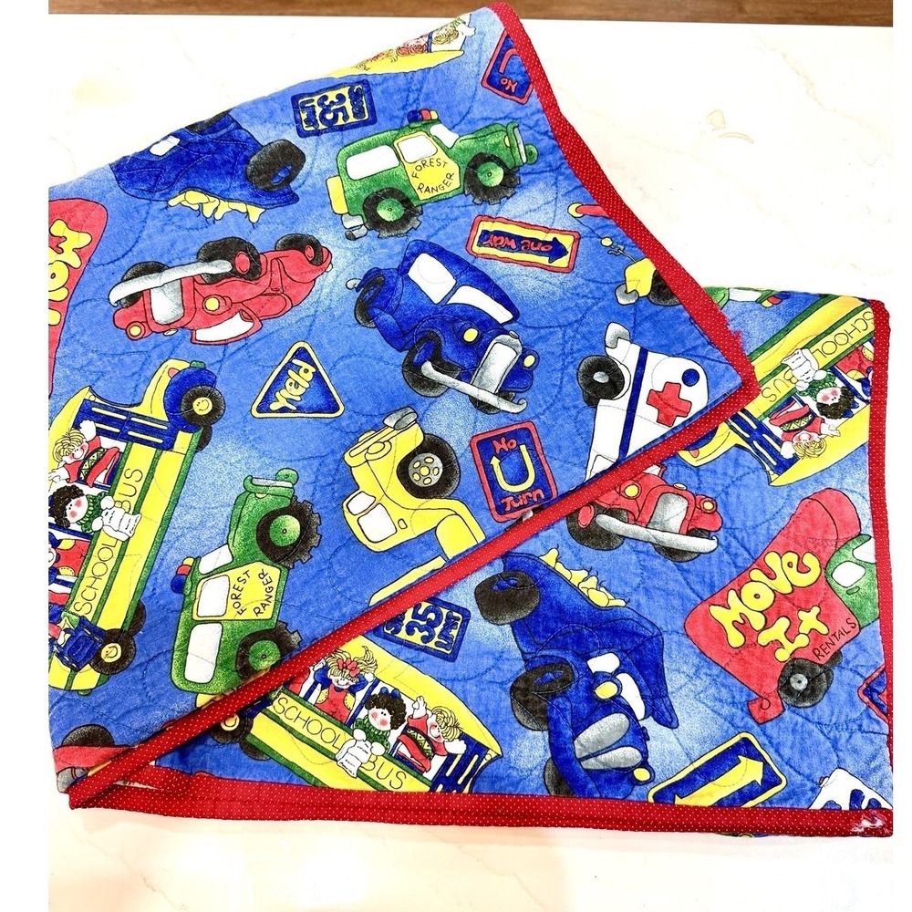 Vintage Quilted Baby Blanket Transportation School Bus Road Signs 28x40 Blue